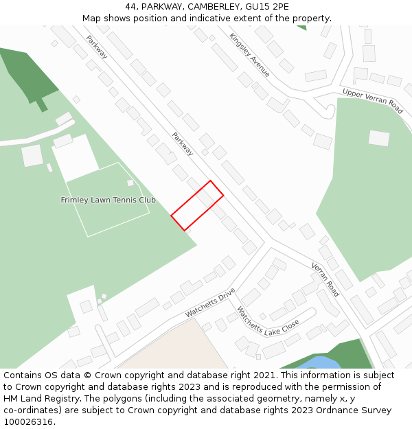 44, PARKWAY, CAMBERLEY, GU15 2PE: Location map and indicative extent of plot