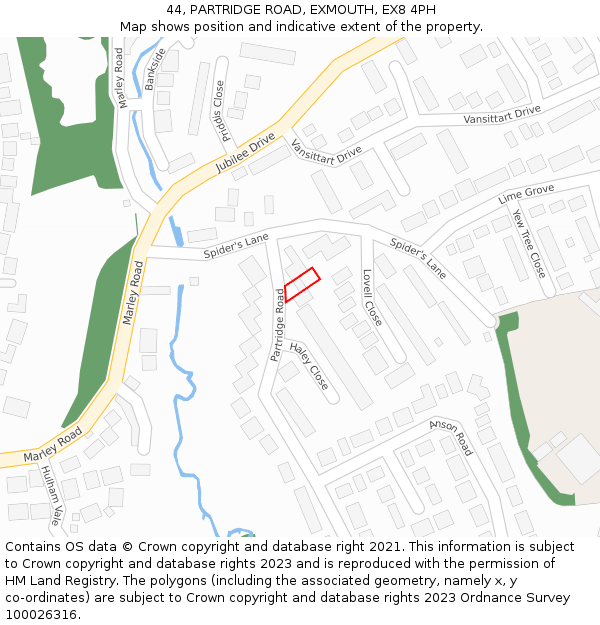 44, PARTRIDGE ROAD, EXMOUTH, EX8 4PH: Location map and indicative extent of plot