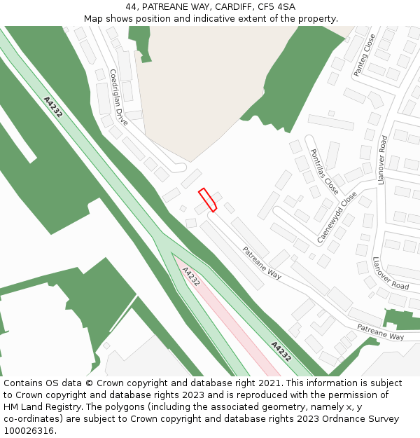 44, PATREANE WAY, CARDIFF, CF5 4SA: Location map and indicative extent of plot