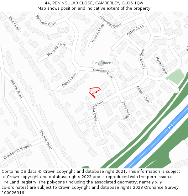 44, PENINSULAR CLOSE, CAMBERLEY, GU15 1QW: Location map and indicative extent of plot