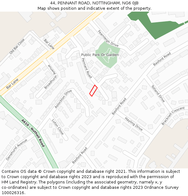 44, PENNANT ROAD, NOTTINGHAM, NG6 0JB: Location map and indicative extent of plot
