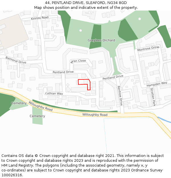 44, PENTLAND DRIVE, SLEAFORD, NG34 8GD: Location map and indicative extent of plot