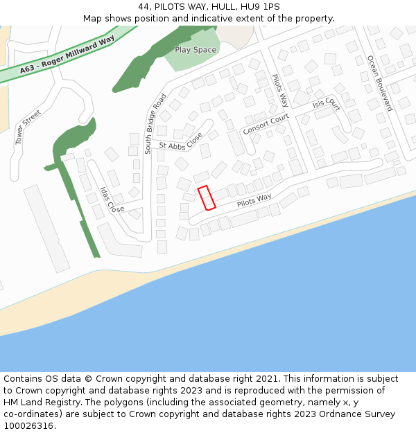 44, PILOTS WAY, HULL, HU9 1PS: Location map and indicative extent of plot