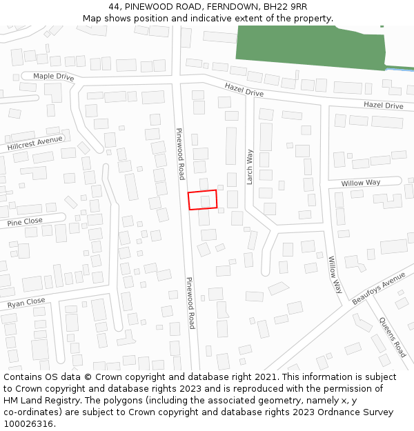 44, PINEWOOD ROAD, FERNDOWN, BH22 9RR: Location map and indicative extent of plot