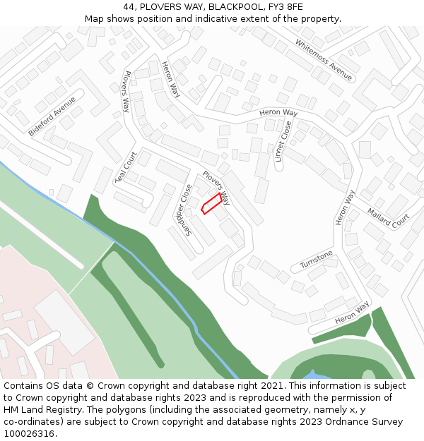 44, PLOVERS WAY, BLACKPOOL, FY3 8FE: Location map and indicative extent of plot