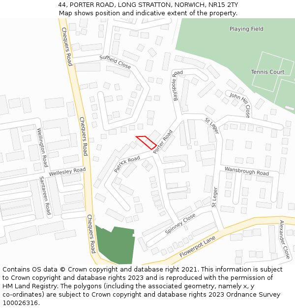 44, PORTER ROAD, LONG STRATTON, NORWICH, NR15 2TY: Location map and indicative extent of plot