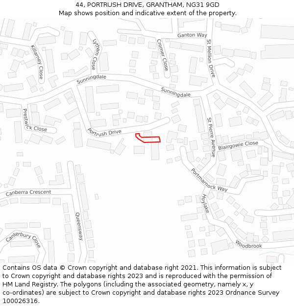 44, PORTRUSH DRIVE, GRANTHAM, NG31 9GD: Location map and indicative extent of plot