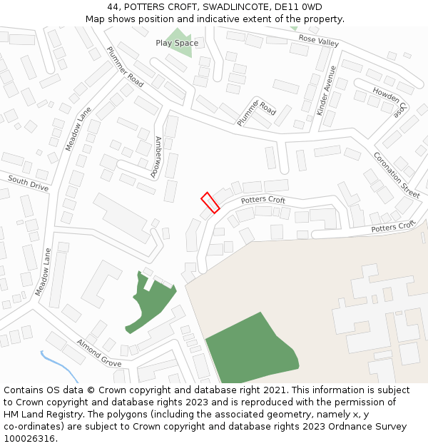 44, POTTERS CROFT, SWADLINCOTE, DE11 0WD: Location map and indicative extent of plot