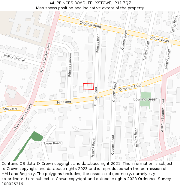 44, PRINCES ROAD, FELIXSTOWE, IP11 7QZ: Location map and indicative extent of plot