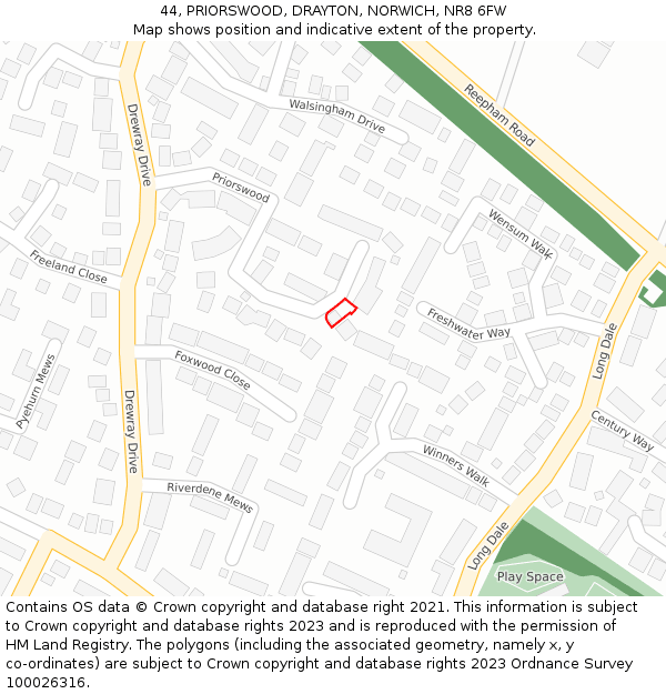 44, PRIORSWOOD, DRAYTON, NORWICH, NR8 6FW: Location map and indicative extent of plot