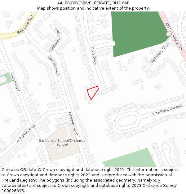 44, PRIORY DRIVE, REIGATE, RH2 8AF: Location map and indicative extent of plot