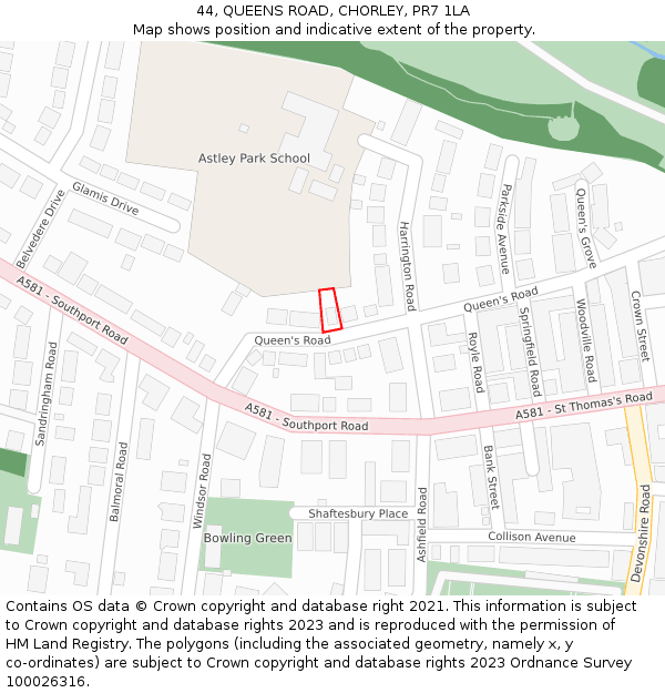 44, QUEENS ROAD, CHORLEY, PR7 1LA: Location map and indicative extent of plot