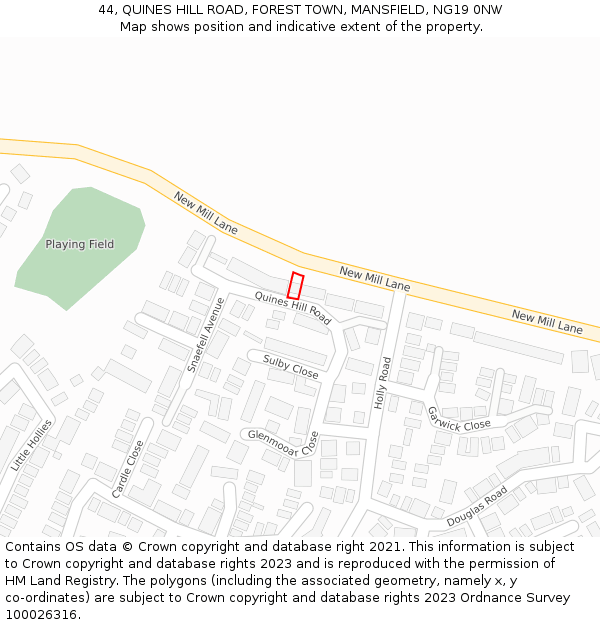 44, QUINES HILL ROAD, FOREST TOWN, MANSFIELD, NG19 0NW: Location map and indicative extent of plot