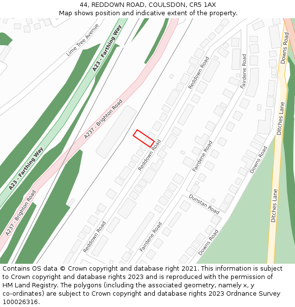 44, REDDOWN ROAD, COULSDON, CR5 1AX: Location map and indicative extent of plot