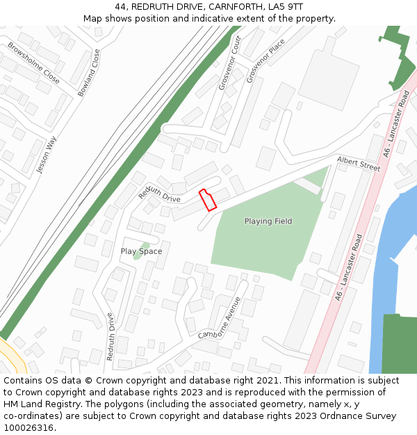 44, REDRUTH DRIVE, CARNFORTH, LA5 9TT: Location map and indicative extent of plot