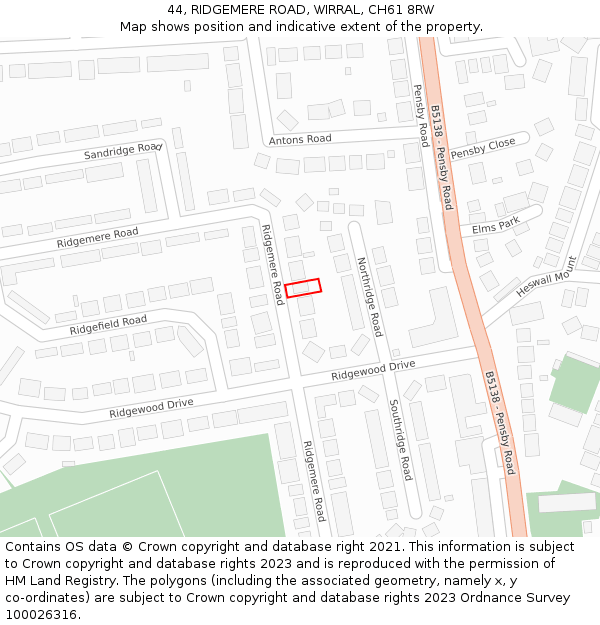 44, RIDGEMERE ROAD, WIRRAL, CH61 8RW: Location map and indicative extent of plot