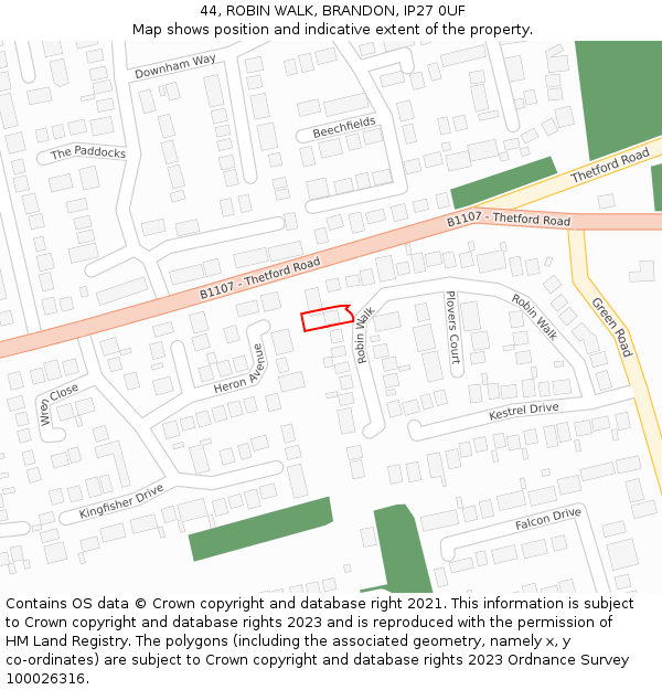 44, ROBIN WALK, BRANDON, IP27 0UF: Location map and indicative extent of plot