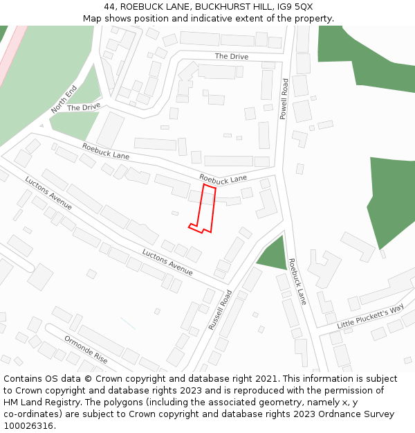 44, ROEBUCK LANE, BUCKHURST HILL, IG9 5QX: Location map and indicative extent of plot