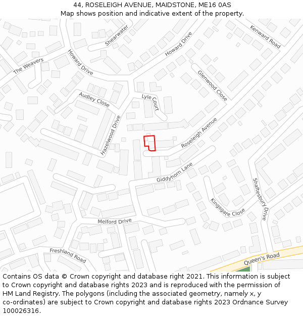 44, ROSELEIGH AVENUE, MAIDSTONE, ME16 0AS: Location map and indicative extent of plot