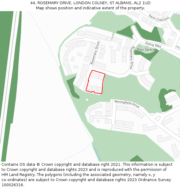 44, ROSEMARY DRIVE, LONDON COLNEY, ST ALBANS, AL2 1UD: Location map and indicative extent of plot