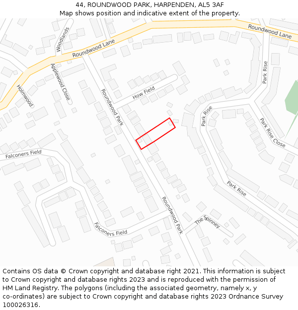 44, ROUNDWOOD PARK, HARPENDEN, AL5 3AF: Location map and indicative extent of plot