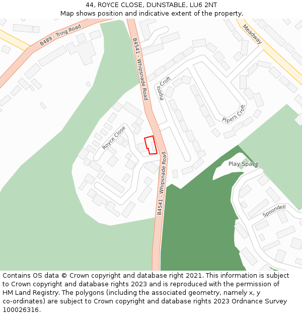 44, ROYCE CLOSE, DUNSTABLE, LU6 2NT: Location map and indicative extent of plot