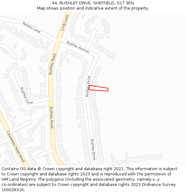 44, RUSHLEY DRIVE, SHEFFIELD, S17 3EN: Location map and indicative extent of plot