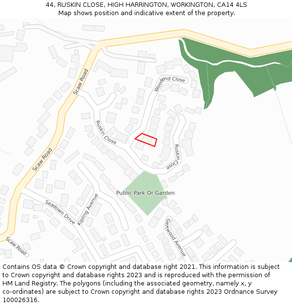 44, RUSKIN CLOSE, HIGH HARRINGTON, WORKINGTON, CA14 4LS: Location map and indicative extent of plot