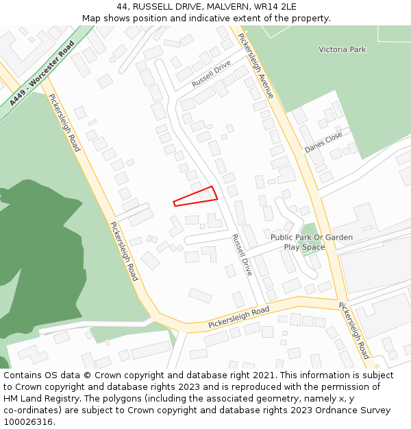 44, RUSSELL DRIVE, MALVERN, WR14 2LE: Location map and indicative extent of plot