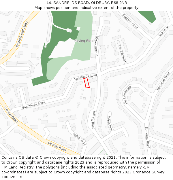 44, SANDFIELDS ROAD, OLDBURY, B68 9NR: Location map and indicative extent of plot