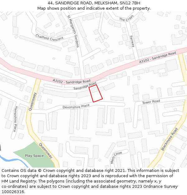 44, SANDRIDGE ROAD, MELKSHAM, SN12 7BH: Location map and indicative extent of plot