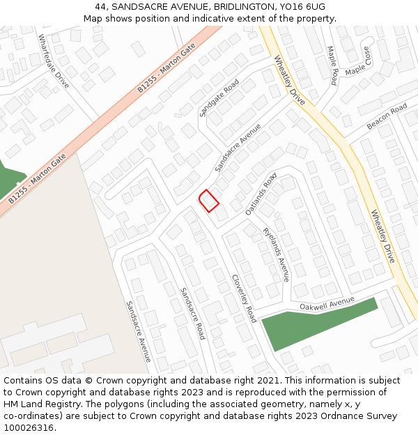44, SANDSACRE AVENUE, BRIDLINGTON, YO16 6UG: Location map and indicative extent of plot