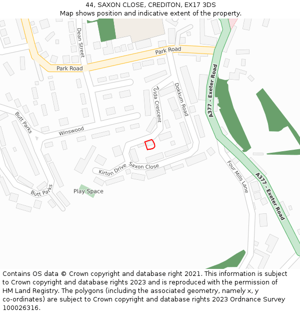 44, SAXON CLOSE, CREDITON, EX17 3DS: Location map and indicative extent of plot