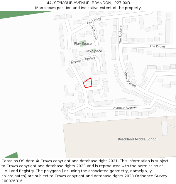44, SEYMOUR AVENUE, BRANDON, IP27 0XB: Location map and indicative extent of plot