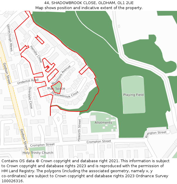 44, SHADOWBROOK CLOSE, OLDHAM, OL1 2UE: Location map and indicative extent of plot