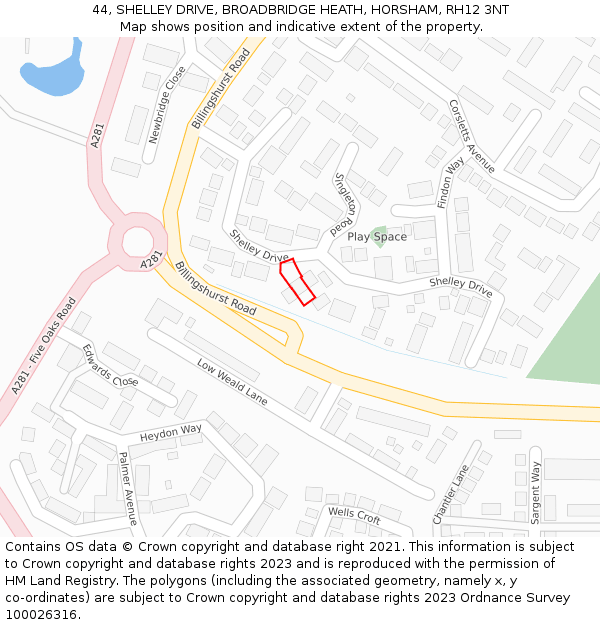 44, SHELLEY DRIVE, BROADBRIDGE HEATH, HORSHAM, RH12 3NT: Location map and indicative extent of plot