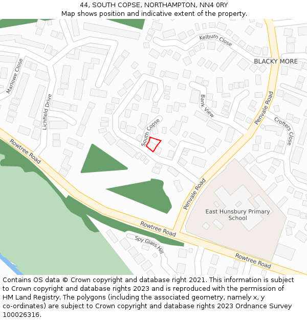 44, SOUTH COPSE, NORTHAMPTON, NN4 0RY: Location map and indicative extent of plot