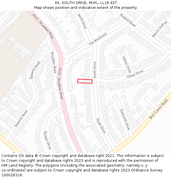 44, SOUTH DRIVE, RHYL, LL18 4ST: Location map and indicative extent of plot