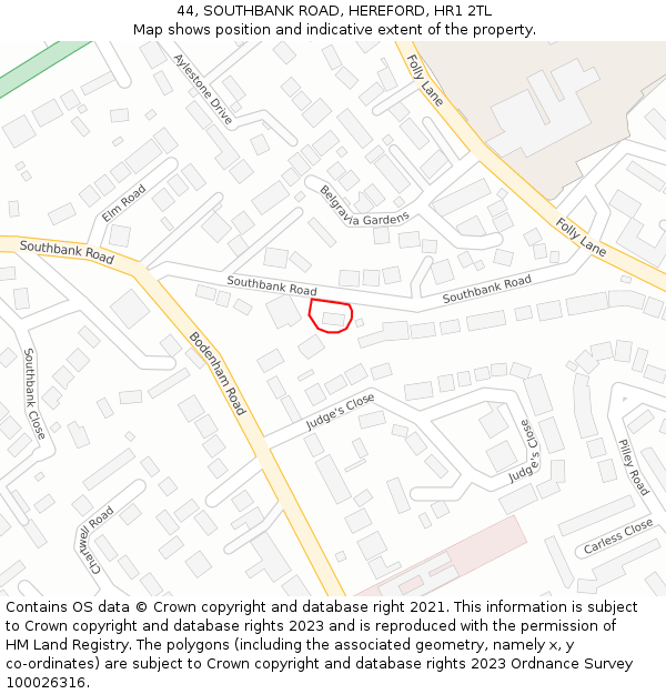44, SOUTHBANK ROAD, HEREFORD, HR1 2TL: Location map and indicative extent of plot