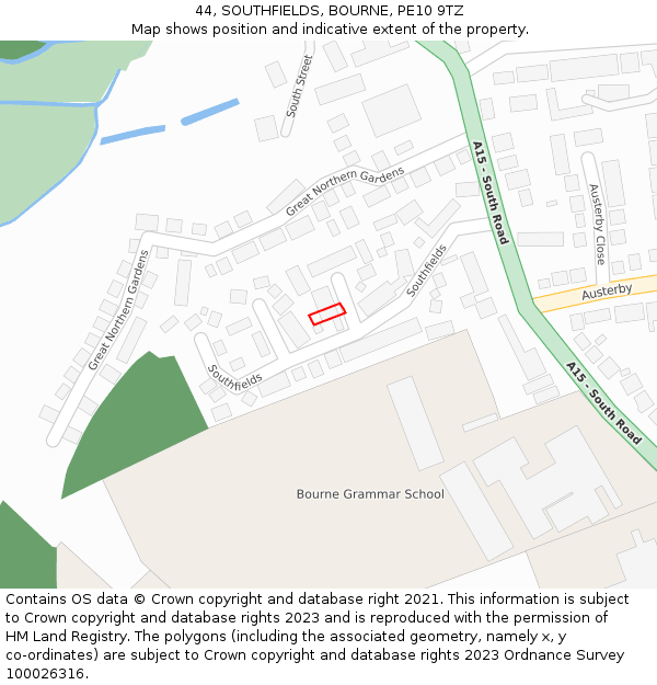 44, SOUTHFIELDS, BOURNE, PE10 9TZ: Location map and indicative extent of plot