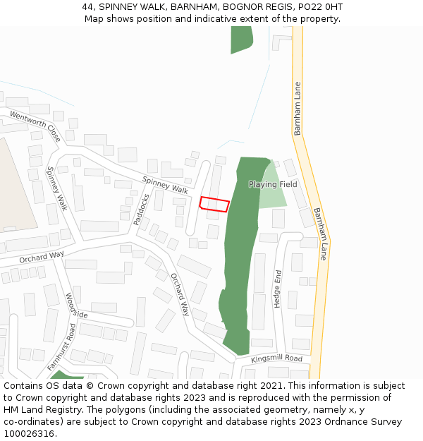 44, SPINNEY WALK, BARNHAM, BOGNOR REGIS, PO22 0HT: Location map and indicative extent of plot