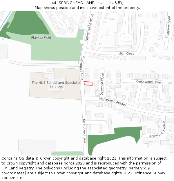 44, SPRINGHEAD LANE, HULL, HU5 5YJ: Location map and indicative extent of plot
