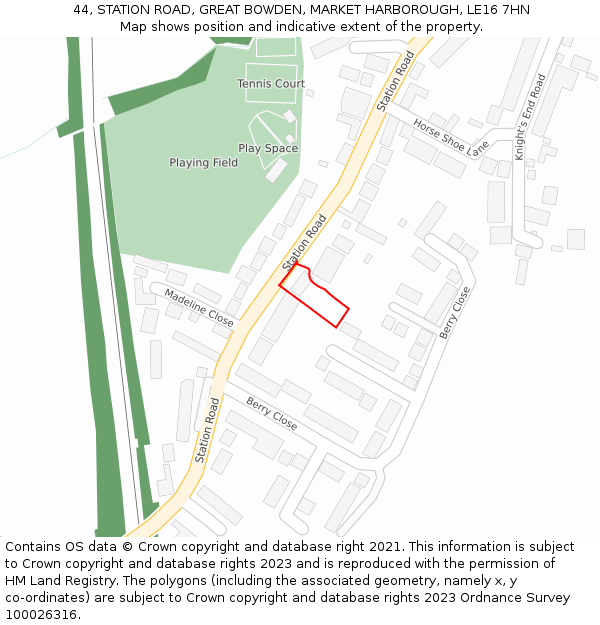 44, STATION ROAD, GREAT BOWDEN, MARKET HARBOROUGH, LE16 7HN: Location map and indicative extent of plot
