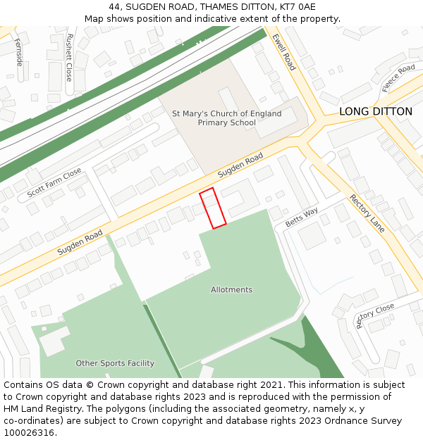 44, SUGDEN ROAD, THAMES DITTON, KT7 0AE: Location map and indicative extent of plot