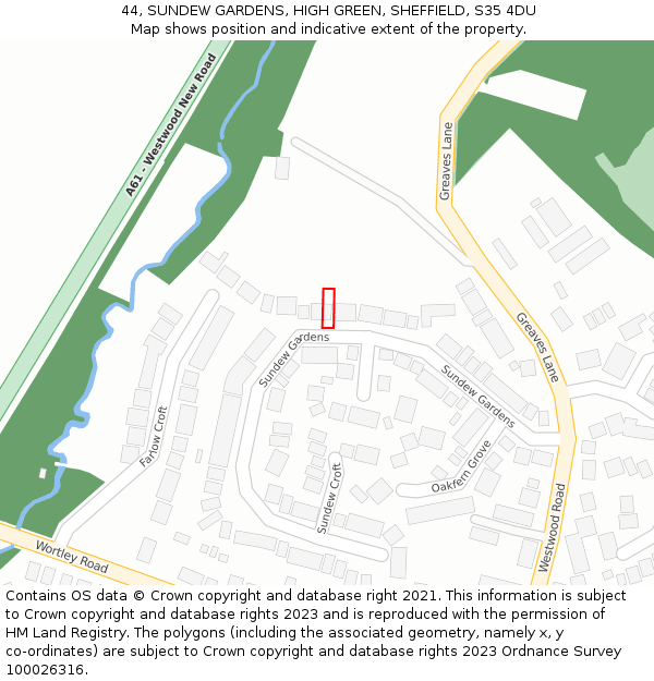 44, SUNDEW GARDENS, HIGH GREEN, SHEFFIELD, S35 4DU: Location map and indicative extent of plot