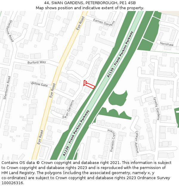 44, SWAN GARDENS, PETERBOROUGH, PE1 4SB: Location map and indicative extent of plot