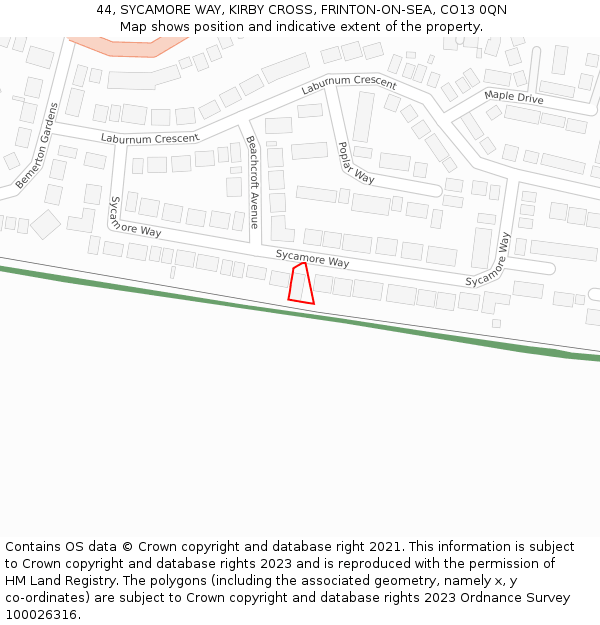 44, SYCAMORE WAY, KIRBY CROSS, FRINTON-ON-SEA, CO13 0QN: Location map and indicative extent of plot