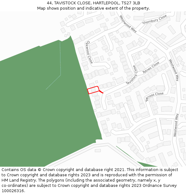 44, TAVISTOCK CLOSE, HARTLEPOOL, TS27 3LB: Location map and indicative extent of plot