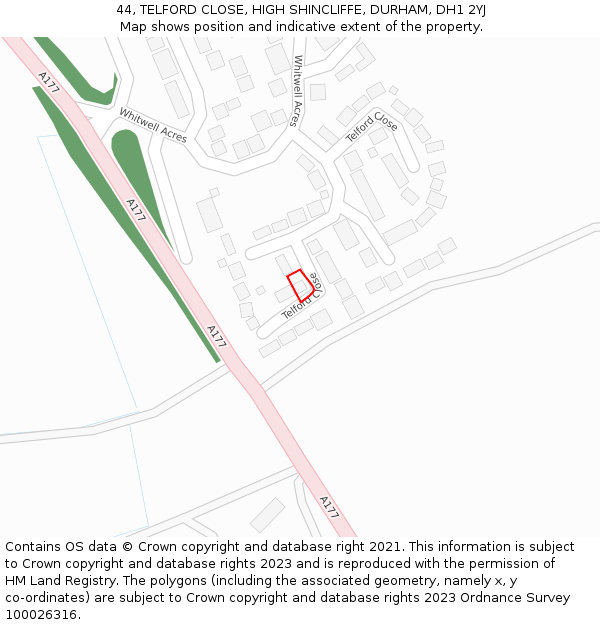 44, TELFORD CLOSE, HIGH SHINCLIFFE, DURHAM, DH1 2YJ: Location map and indicative extent of plot