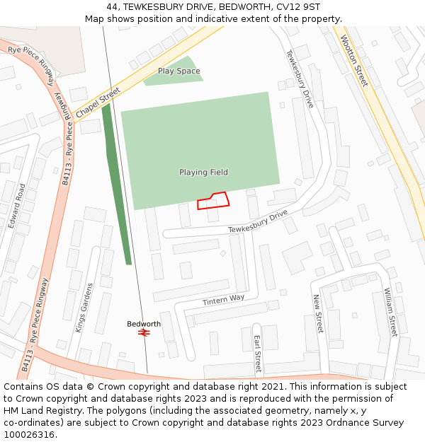 44, TEWKESBURY DRIVE, BEDWORTH, CV12 9ST: Location map and indicative extent of plot